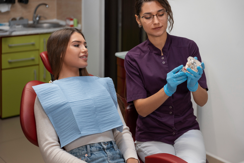 Dentist discussing restorative dentistry options with a patient during a consultation in Denver.